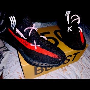 Yezzy 350 red and black with custom laces